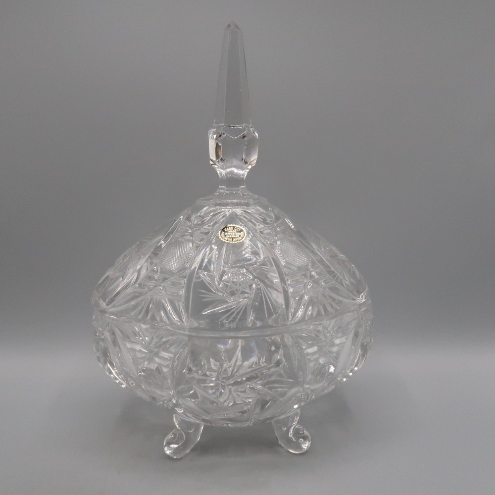Vintage Cut Lead Crystal Pedestal Candy Dish with Lid 11" Tall Western Germany